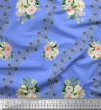 Soimoi Blue Velvet Fabric Camellias & Ranunculus Floral Print Fabric-Avq