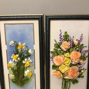 Embroidered design, ribbon work, ribbon embroidery art, wall hanging art, unframed embroidered flowers