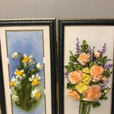 Embroidered design, ribbon work, ribbon embroidery art, wall hanging art, unframed embroidered flowers