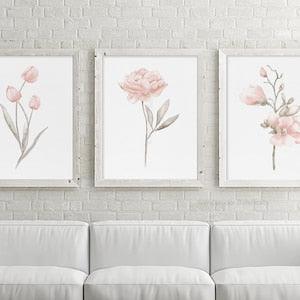 Watercolor Blush Pink Spring Flowers Set of 3 Prints Minimalist Painting Botanical Floral Nursery Decor Print Baby Girl Peony Magnolia Tulip