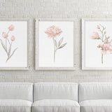 Watercolor Blush Pink Spring Flowers Set of 3 Prints Minimalist Painting Botanical Floral Nursery Decor Print Baby Girl Peony Magnolia Tulip