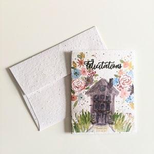 Congratulations , watercolor purple house garden on plantable seed paper or watercolor white paper, housewarming card, new home