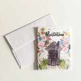 Congratulations , watercolor purple house garden on plantable seed paper or watercolor white paper, housewarming card, new home