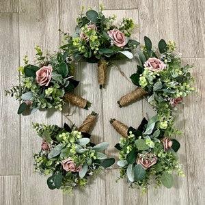 Dusty rose greenery bridesmaid bouquet eucalyptus wedding bouquet, Lambs ear sage bridal flowers