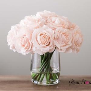 Real Touch Rose Flower Arrangement. Light Blush Pink Roses in Faux Water Clear Glass Vase. Rose Centerpiece Bouquet Wedding Centerpiece