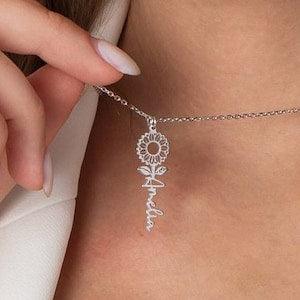 Sunflower Name Necklace, Name Necklace, Granddaughter Necklace, Personalized Jewelry for Her, Secret Santa Gift for Women, Christmas Gift