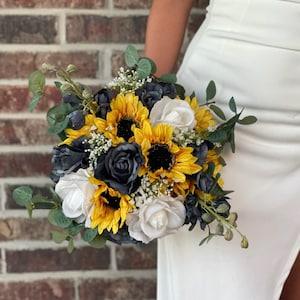 Dusty blue roses and sunflower bouquet Dusty blue wedding Blue roses and sunflowers