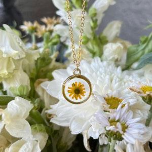 Yellow Zinnia Flower Necklace | Mini Sunflower Necklace | Preserved Botanical Jewelry
