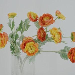 Ranunculus Stem with Leaves, Fake Buttercup Spray, Artificial Flower Crafts, Bloom for Bridal Bouquet, Wedding Party Arrangement Centerpiece