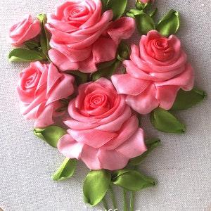 Embroidered roses hoop, ribbon work, ribbon embroidery art, wall hanging art, handmade crafts, 3D embroidered Rose, unique gift, 8-inch hoop