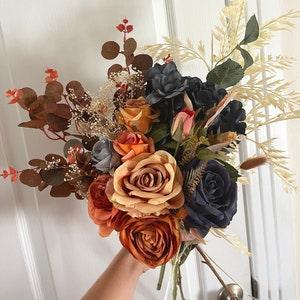 Boho Blue Orange Dusty Blue Rust and Burnt Orange Peony Roses Bouquet Wedding Boho Bridal Bouquet Wedding Bouquet Dusty Bridesmaid Bouquet
