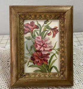 Vintage Framed Victorian Floral Post Card, Carnations, Leaves
