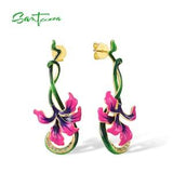 SANTUZZA Handmade Pink Enamel Orchid Flower 925 Sterling Silver w/ Yellow Plating Dangling Earrings ,Cubic Zirconia ,Spinel E317817ENASY925
