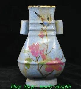 9" Old Dynasty Ru Kiln Color Porcelain Gilt Peony Flower Bird Bottle Vase