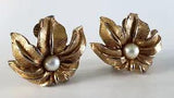 Marcel Boucher 8372E Lilium Lily Flowers Real Pearl Gold Tone Clip Earrings 7/8"