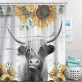 Highland Cow Shower Curtain Farmhouse Bull Sunflower Cow Bathroom Shower Curtains Country Rustic Wooden Waterproof Bathroom Curtains Decor