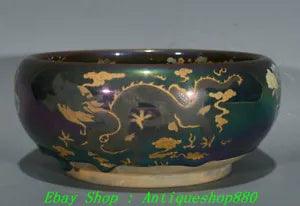 8"  Old Song Jian Kyin Porcelain Dragon Phoeix Peony Flower Pen wash Tray Dish