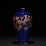 14.2" Antique yuan dynasty Porcelain Blue glaze Phoenix peony flowers plum vase