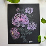 ORIGINAL Floral Peony Bouquet Black Paper Watercolor and Gouache Painting, 8x10 inches