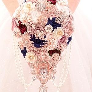 Burgundy and navy blue brooch bouquet. Rose gold dusty rose cascade bouquet.