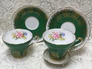 2 Vintage Royal Stafford Tea Cup & Saucer Sets Green with Pink Carnations #2104