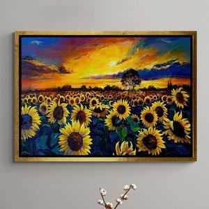 Sunflower Field Canvas, Sunflower Field Framed Canvas, Oil Painting Wall Art, Nature Landscape Wall Art, Sunflower, Black Framed Canvas