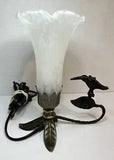Hummingbird Brass Metal Lamp White Tulip Lily Frosted Flower Leaf Design