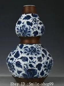 18" Old Qing Dynasty Blue White Porcelain Peony Flower Pattern Gourd Vase Bottle