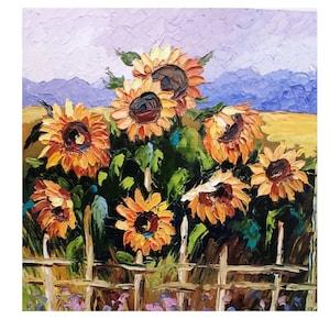 Ukrainian Landscape Original Art Sunflower Field Painting, Yellow And Blue, Flowers  Impasto Oil Painting 10 by 10" by OlyaARTStudio