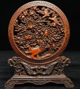 7" China Wood Hand Carved Subshrubby Peony Flower Bird Folding Screen Statues