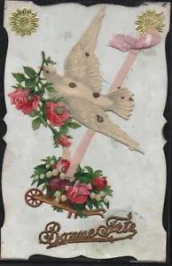 CF178 CHROMO D???coupis DIE CUT DOVE WHEELBARROW LILY of the VALLEY ROSES 1907