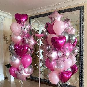 Pink Balloon Bouquet, Silver Pink Confetti Baby Wedding Decor Chrome Happy Birthday Decorations, Foil Stars, Hearts, Hen Party Not Inflated