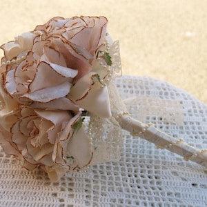 Ivory Bouquet Victorian style made with velvet ivory roses pearls and gold at the edging Bridal Bouquet,Old Hollywood Rose bouquet
