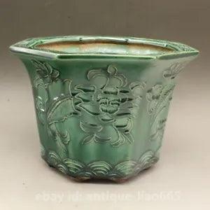 8.7" Pretty Chinese Ceramics Green Glaze Porcelain Tree Peony Flowers Flowerpot