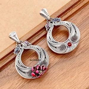 S999 Fine Silver Women Men Lucky Dragon Phoenix Peony Flower Pendant