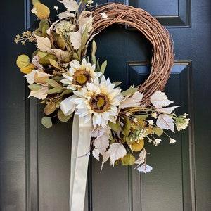 Wreath, Door Wreath, Sunflower Wreath, White Sunflower Wreath, Rustic Wreath, Farmhouse Wreath, Door Wreath, Modern Sunflower Wreath