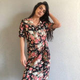 Laura Ashley bouquet rose vintage wrap tea dress, dark cottage bohemian coquette elegant cocktail gown romantic country preppy spring flower