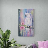 White Cockatoo and Orchids 50cm x 90cm - Abstract acrylic painting featuring a white cockatoo and pink orchid flowers