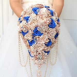 Royal blue rose gold brooch bouquet. Something blue Bridal cascading  bouquet