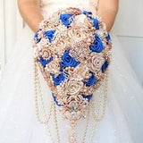 Royal blue rose gold brooch bouquet. Something blue Bridal cascading  bouquet