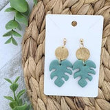 Handmade Boho Green Leaf Earrings with Gold Accents Polymer Clay Jewelry