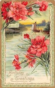 Pretty Carnations by a Sailboat Scene on Old Birthday Postcard