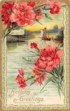 Pretty Carnations by a Sailboat Scene on Old Birthday Postcard