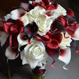 Dark Red Burgundy Bridal Bouquet Real Touch Calla Lilies Roses Orchids Silk Wedding Bouquets