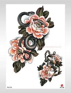 peony flower snake large 8.25" temporary   fake tattoo sexy party favor