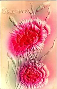 Postcard~Greetings~Airbrushed~Pink Carnation Flowers~Winged Dragon on Back