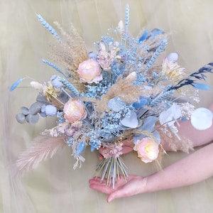 Pale blue woodland bouquet Blush bride bouquet Dusty rose bouquet Pampas grass posy Boho wedding arrangement ornament Silk and dried bouquet