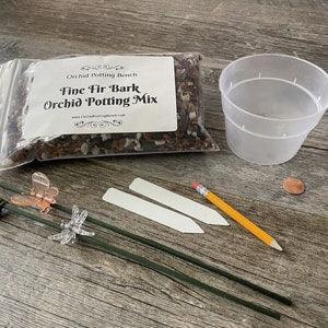 Small orchid repotting kit for shallow rooted orchids with 4" clear bulb pan, Fine fir bark potting care kit, Repotting orchids made easy
