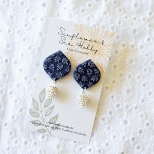 Navy Blue Botanical Studs with Silver Pinecone - Polymer Clay Earrings