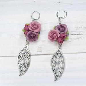 Earrings long dangle pink purple floral roses flowers paisley leaf charm handmade polymer clay gift for her